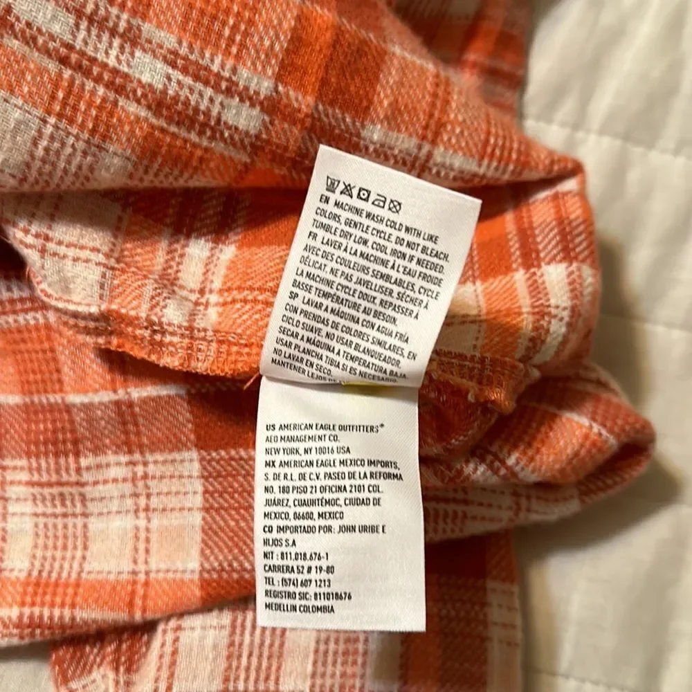 AE L Gorgeous Orange Plaid High Low Cropped Flannel Shirt Distressed Elbows